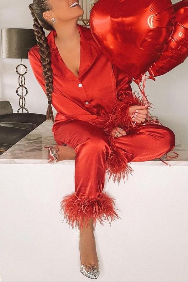 Solid Color Lapel Feather Trousers Two-piece Suit - Fashionpara