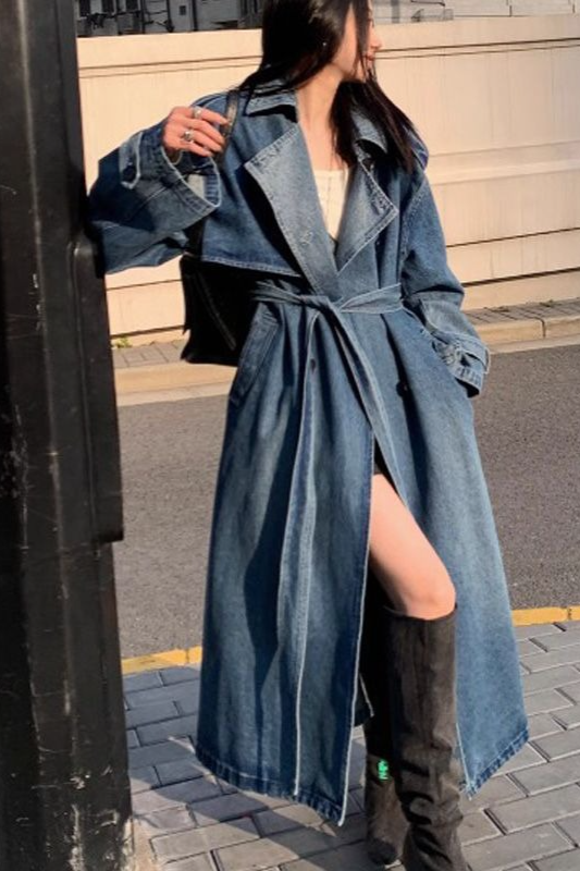 Washed Denim Relaxed Retro Long Overcoat - Fashionpara