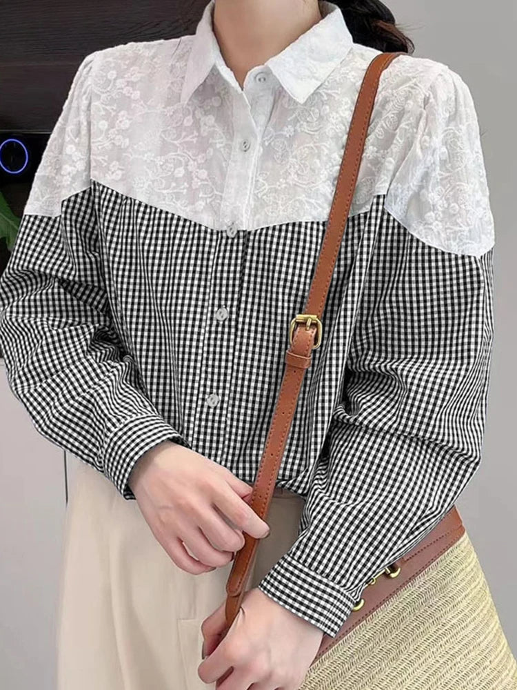 Lace Stitching Plaid Long Sleeve Blouse Bohemian Blouse