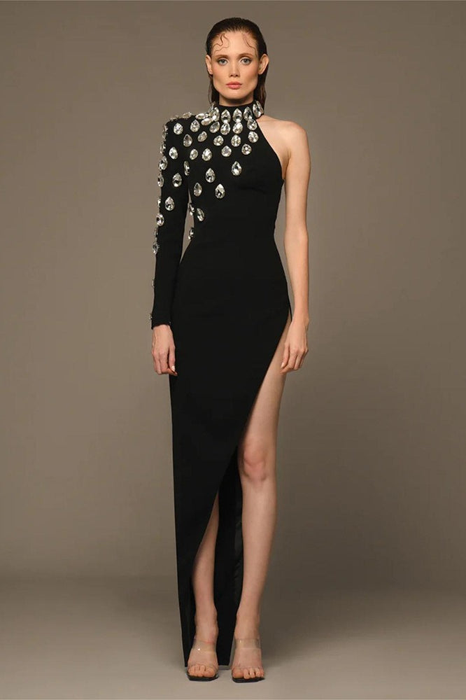 Crystal Embellished One-Shoulder Long Sleeve High-Slit Gown