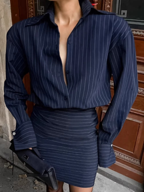 Striped Long Sleeve Shirt Dress Blouse - Fashionpara