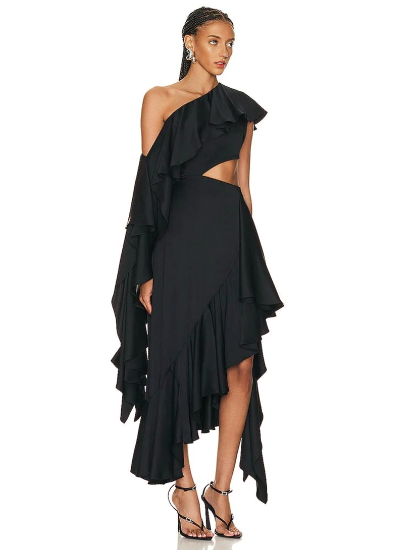 Satin One-Shoulder Ruffle Cutout Asymmetric Midi Dress 6