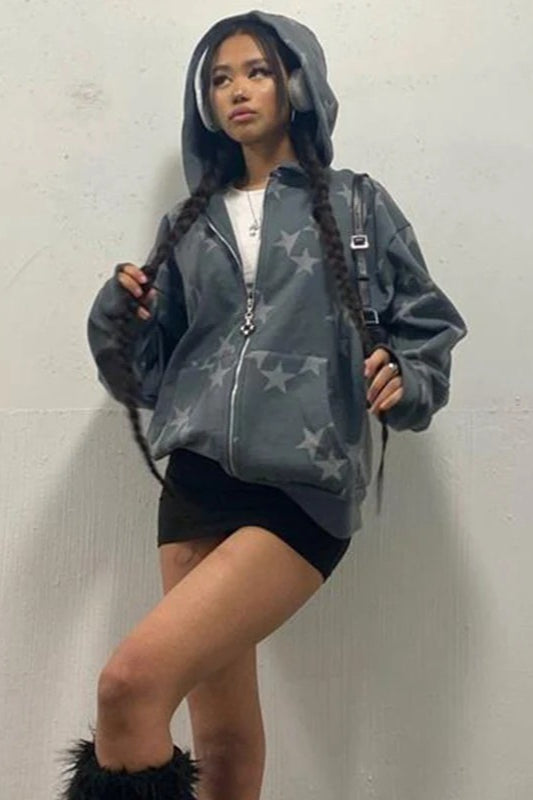 Star Print Zip Up Hoodie