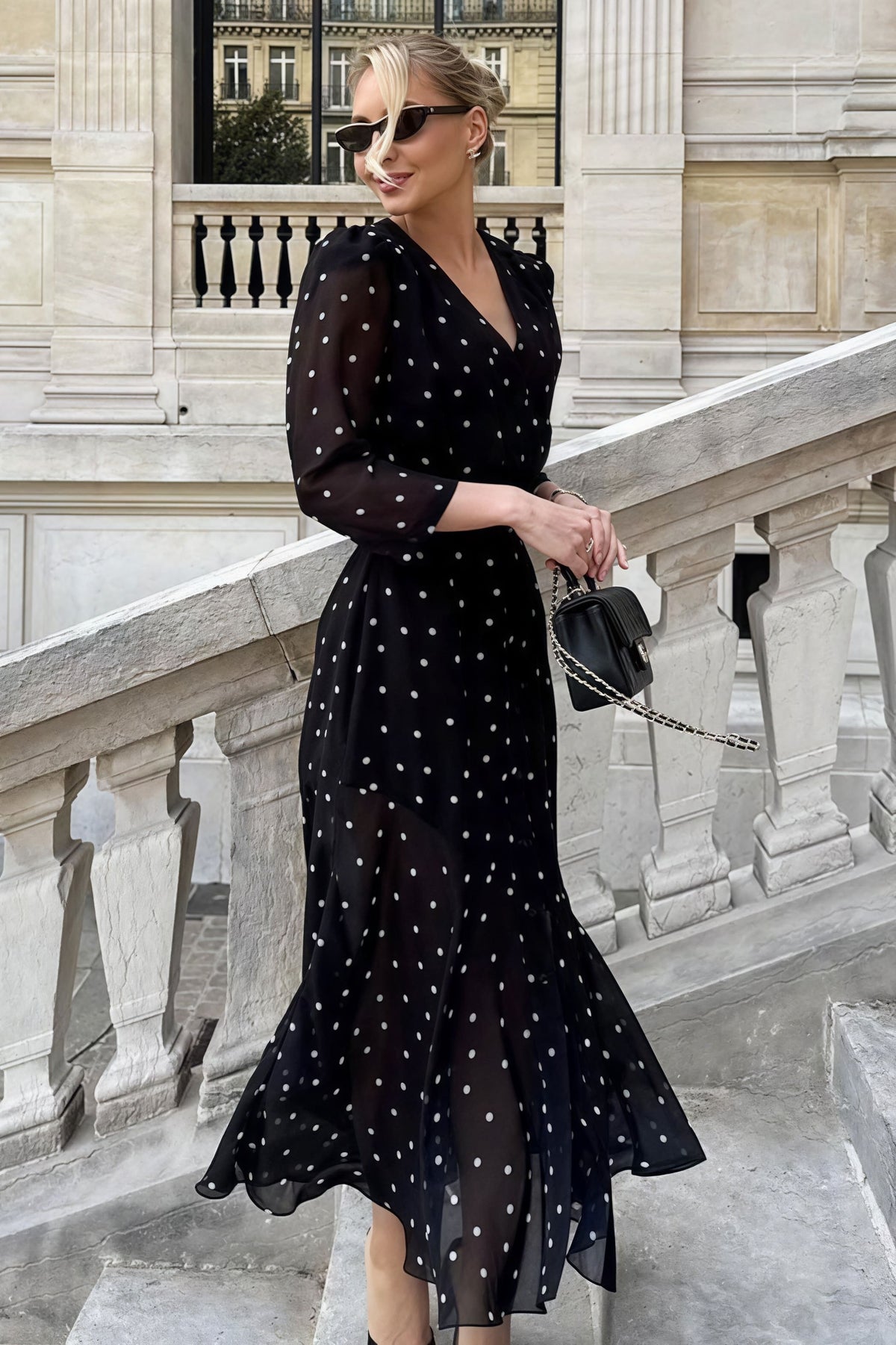 Polka Dot Chiffon V-Neck Long Sleeve Ruffle Hem Midi Dress