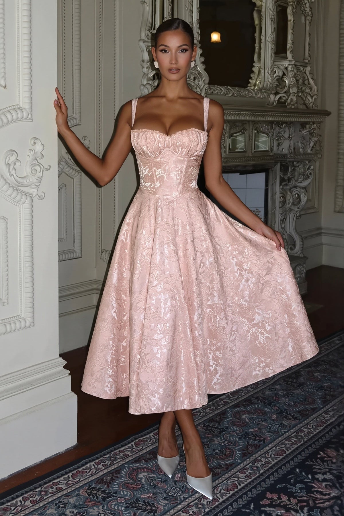 Jacquard Corset Sweetheart Fit and Flare Midi Dress