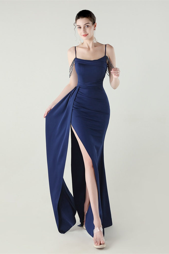 Satin Spaghetti Strap Ruched High Slit Mermaid Gown 17