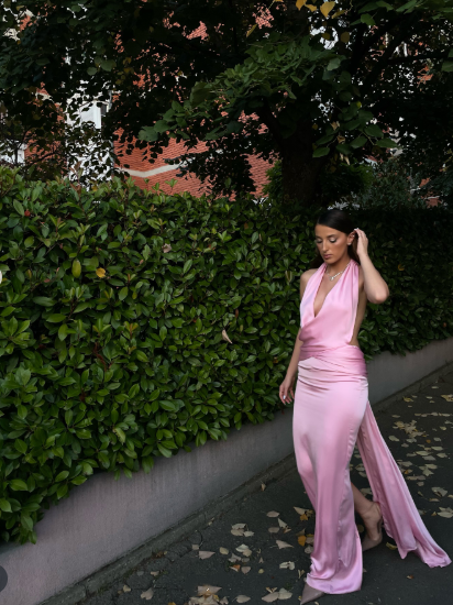 Classy Halter Pink Satin Long Party Dress Formal Bridesmaid Dress D685