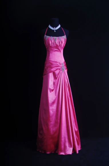 Pretty Halter Hot Pink Satin Pleated Beaded Evening Dress Backless Long Birthday Party Dress D1044