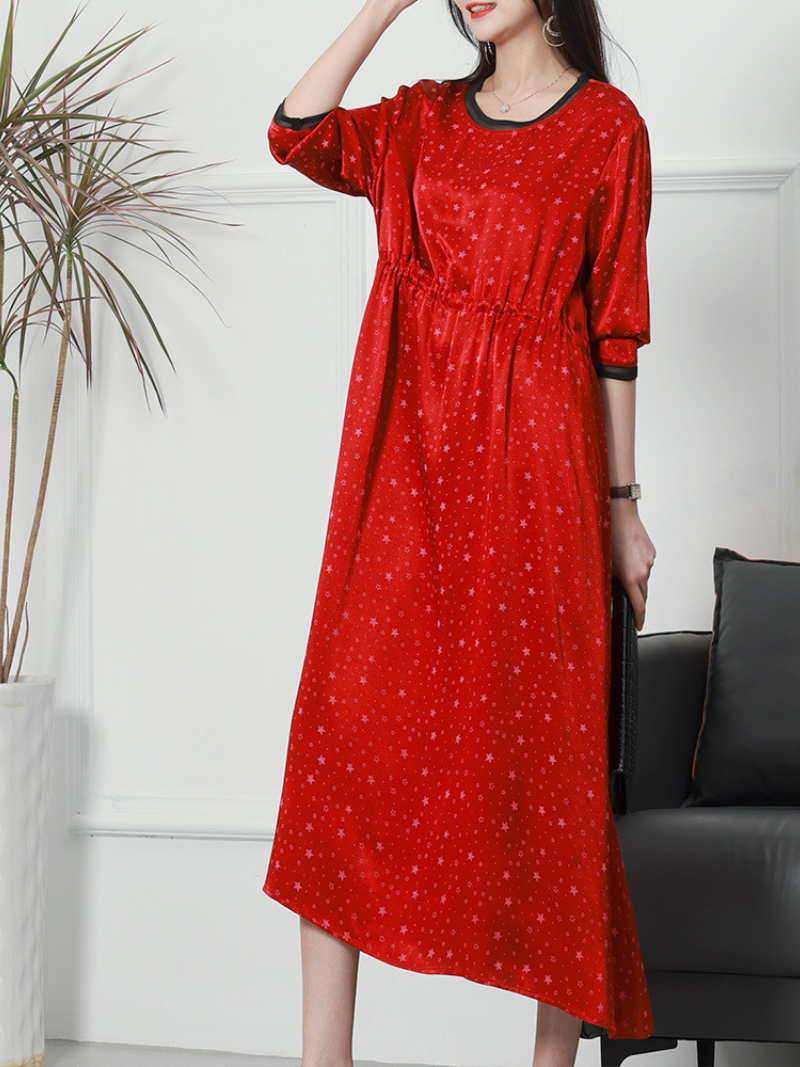 Star Print Round Neck Long-Sleeve Drawstring Waist Maxi Dress 6