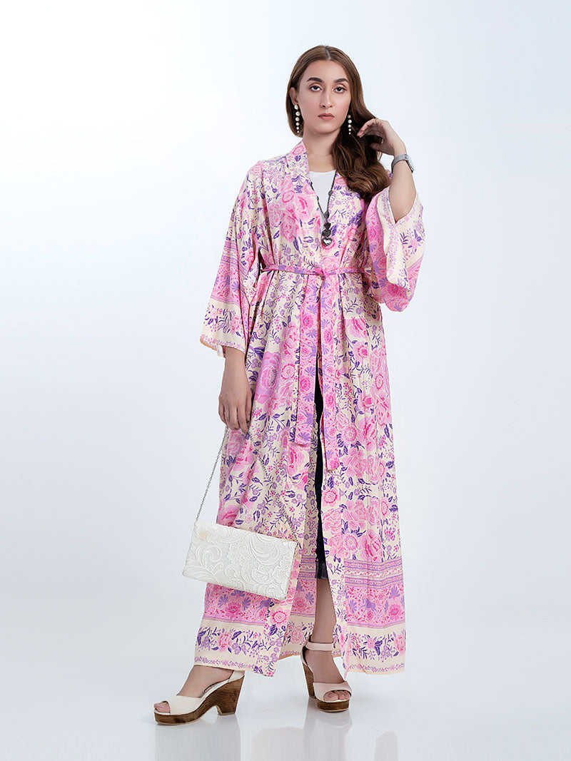 Partywear & Beachwear Floral Print Pink Color Cotton Long Length Gown Kimono Duster Robe 5