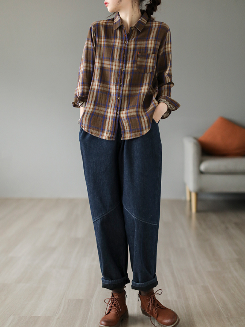 Cardigan Loose Cotton Lining Check Pattern Shirt 2