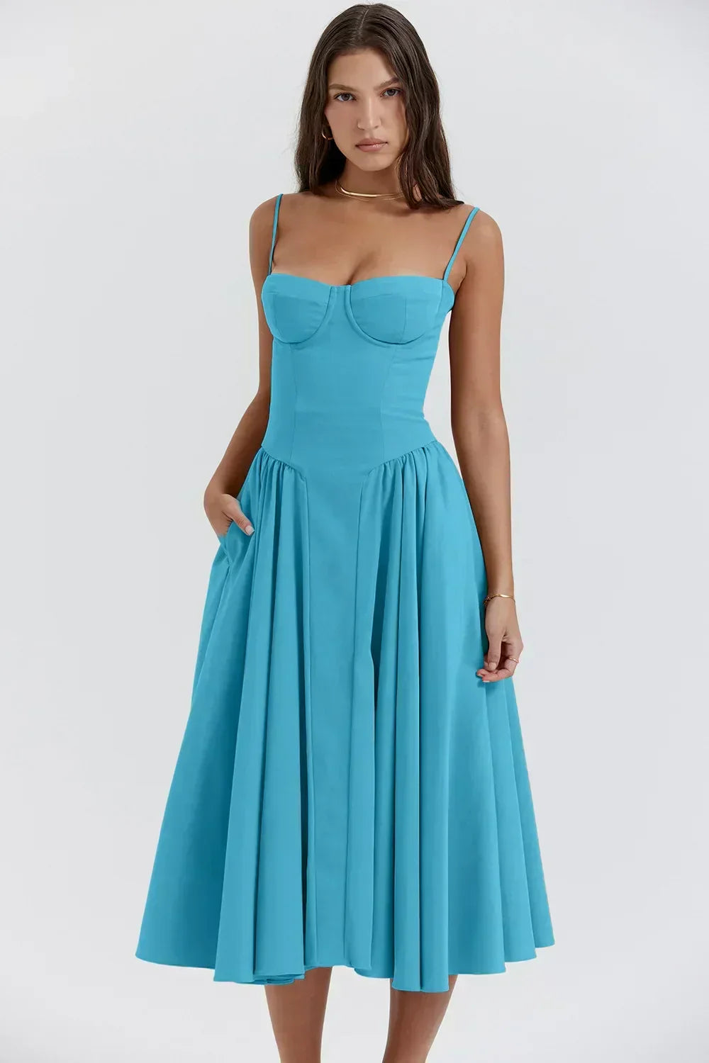 Corset Sweetheart Spaghetti Strap Fit and Flare Midi Dress 31