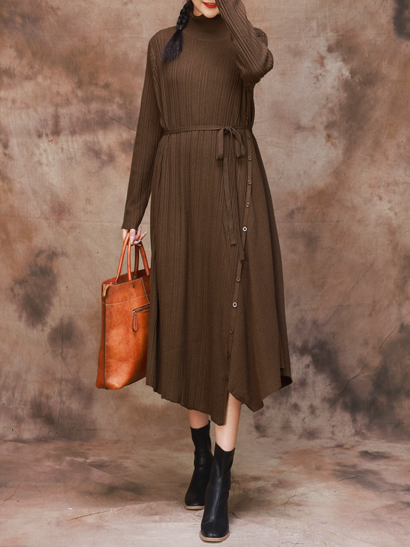 Solid Color Collar A-Line Dress with Thin Belt for Women - Fashionpara