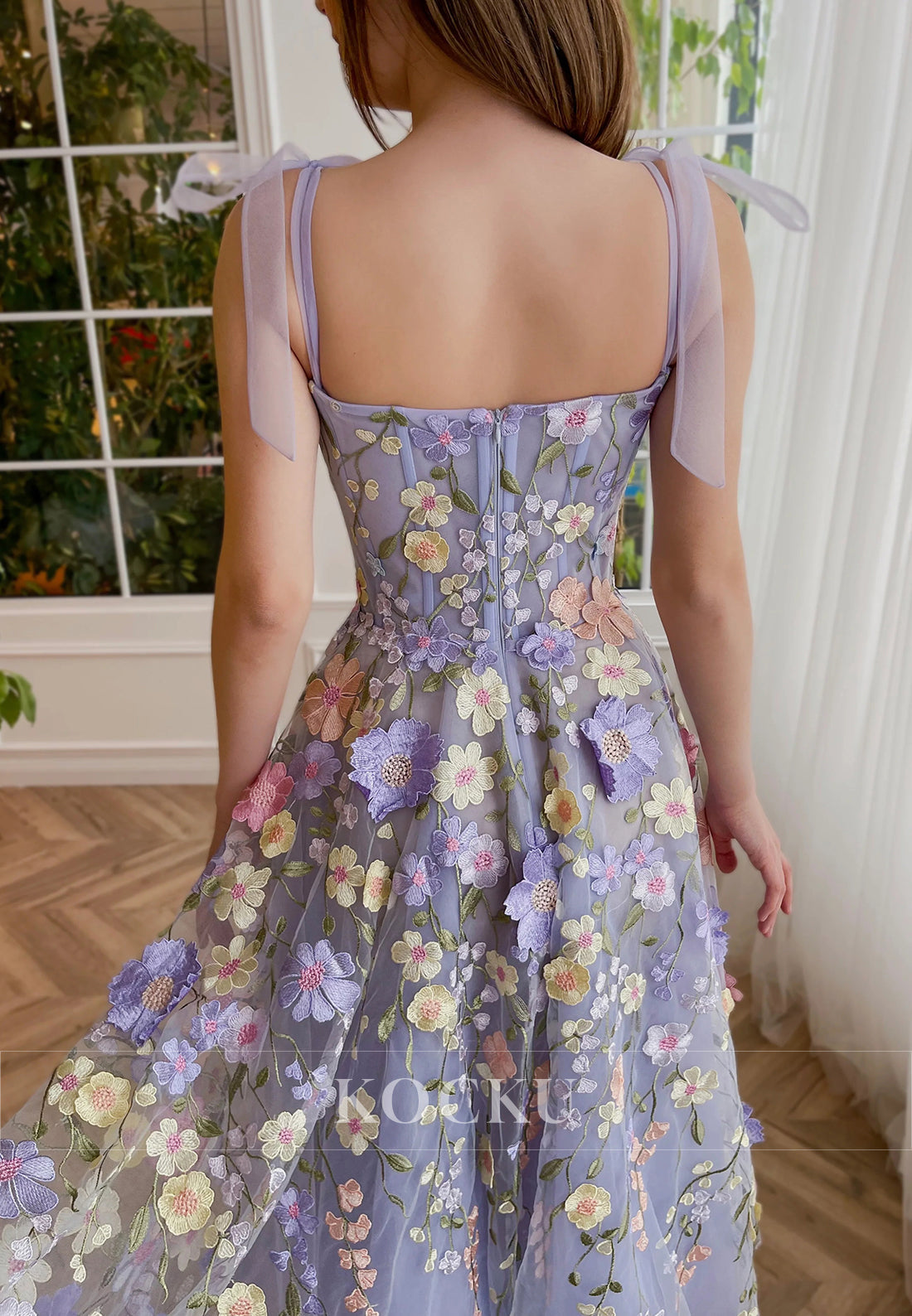Spaghetti Straps Square Floral Embossed Tea-Length Prom Dresses
