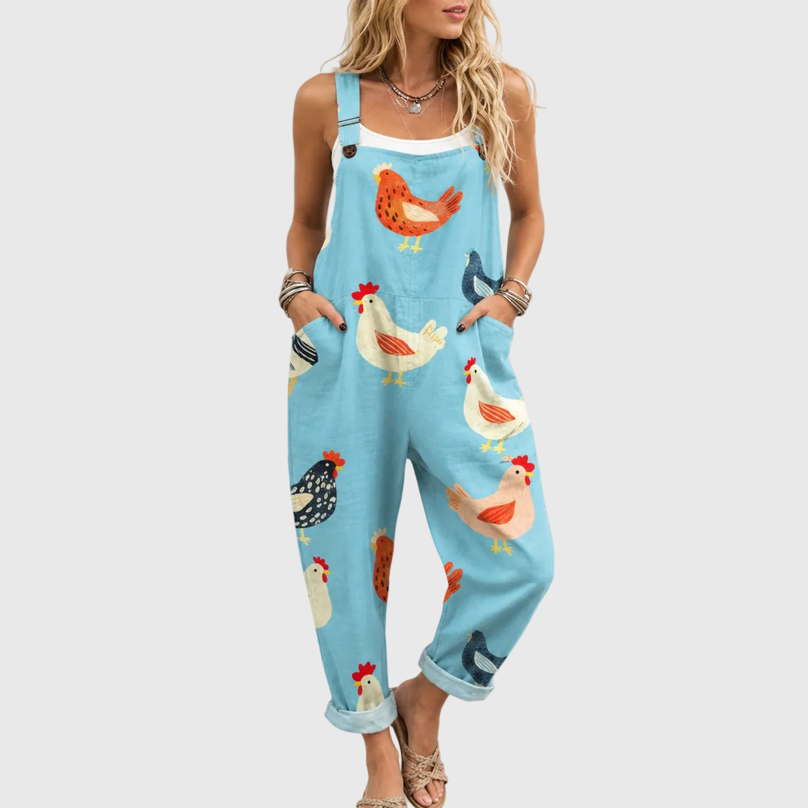 Chicken Print Pocket Wide Leg Overall Jumpsuit