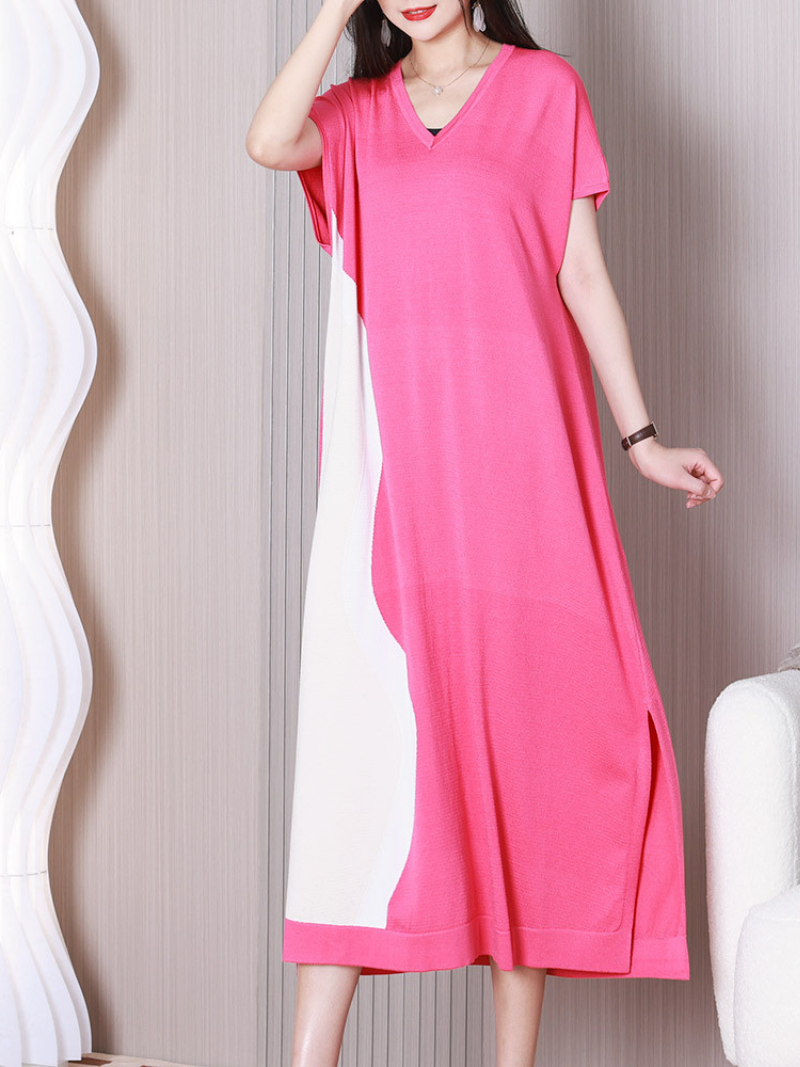 Colourblock V-Neck Short Sleeve Knit Midi Dress 4