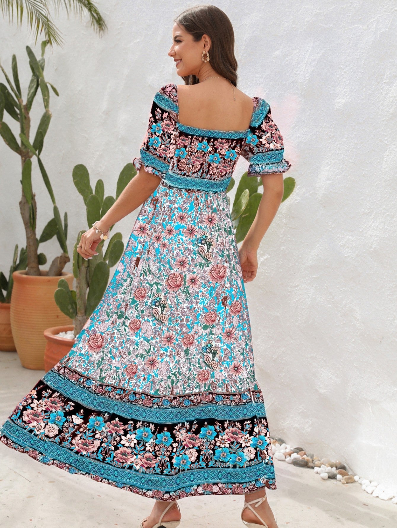 Blue Off The Shoulder Short Puffy Sleeves Long Summer Vacation Dress - Fashionpara