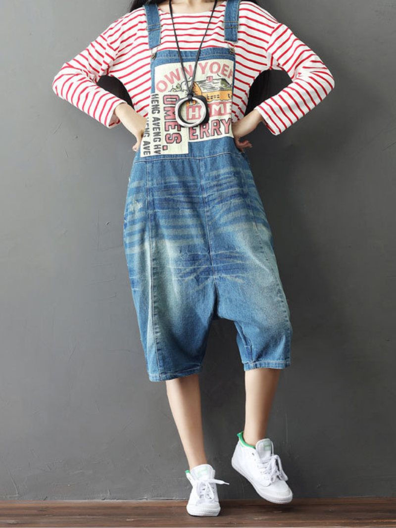 Bohemian Style Short Patch Denim Overalls - Fashionpara