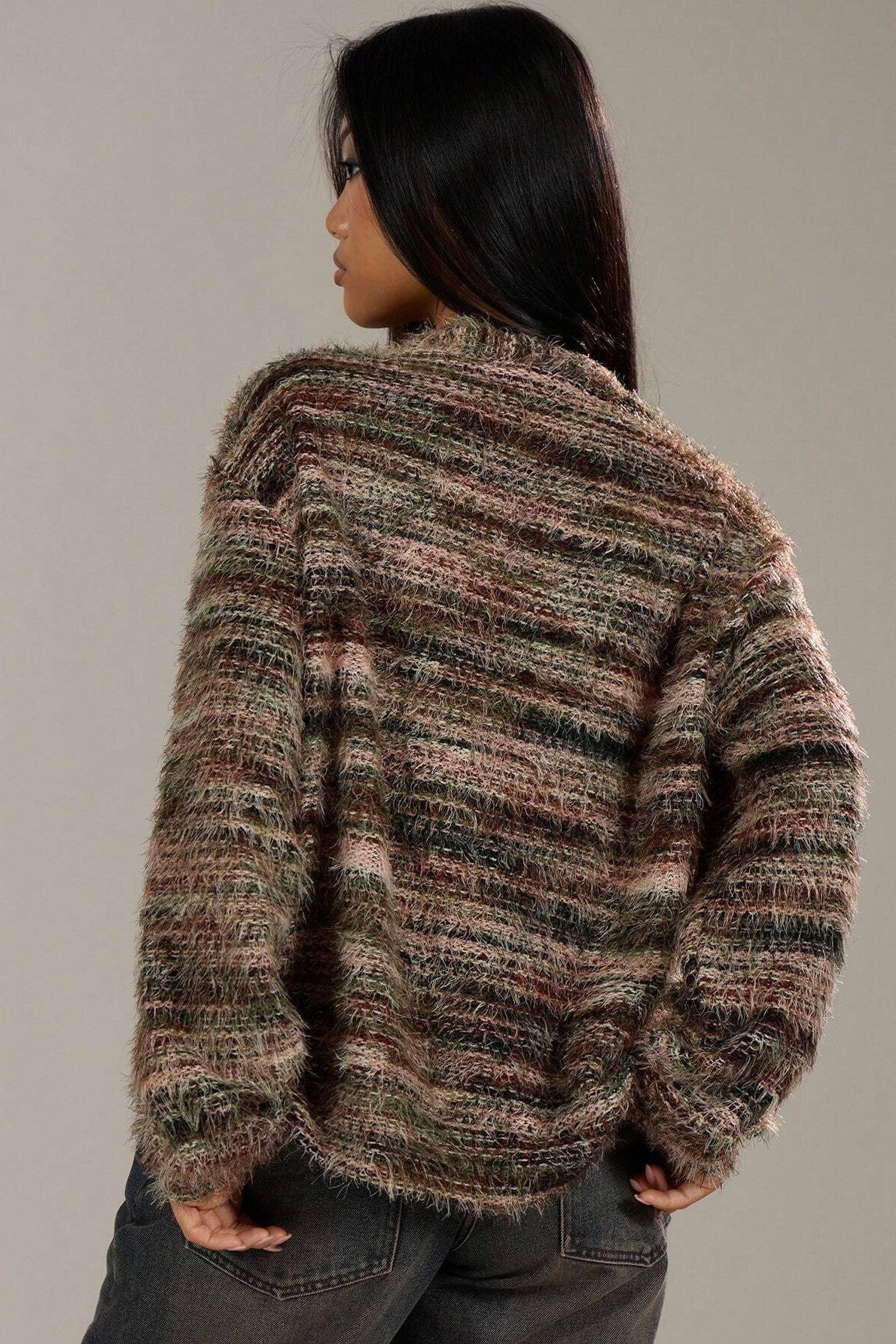 Deep V-Neck Plush Knit Cardigan for Retro Fashion Lovers