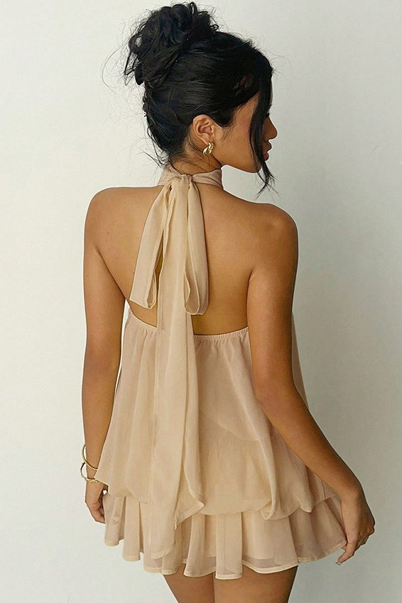 Chiffon Halter Neck Tiered Swing Mini Dress