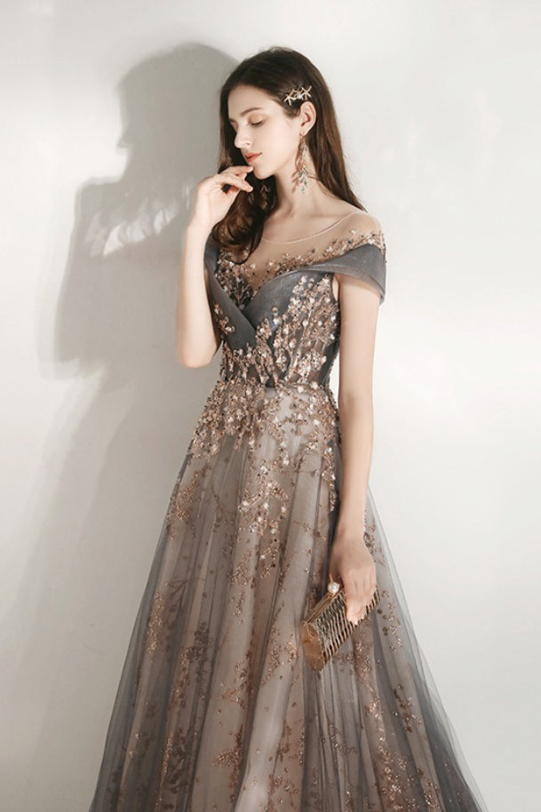 Off Shoulder V-Neck Beaded Tulle A-Line Prom Gown - View 2