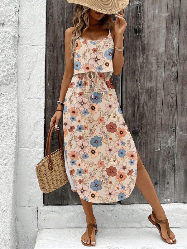 Tie Dye Stripe Print Spaghetti Strap Layered Split Midi Dress 6
