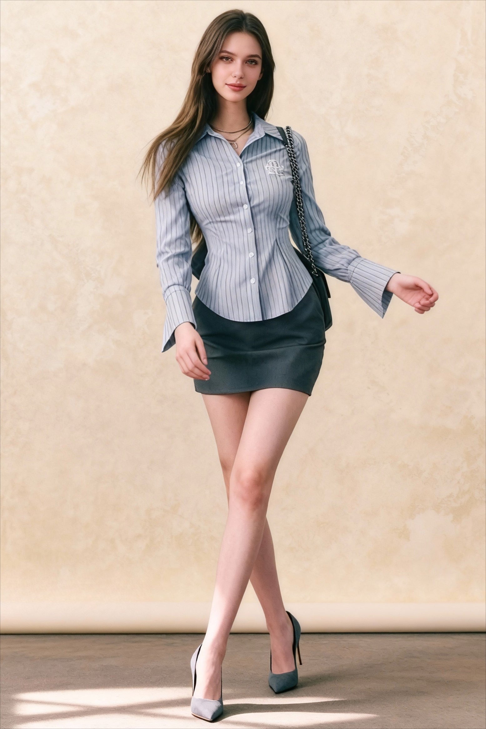 Embroidered Striped Slim Lapel Blouse