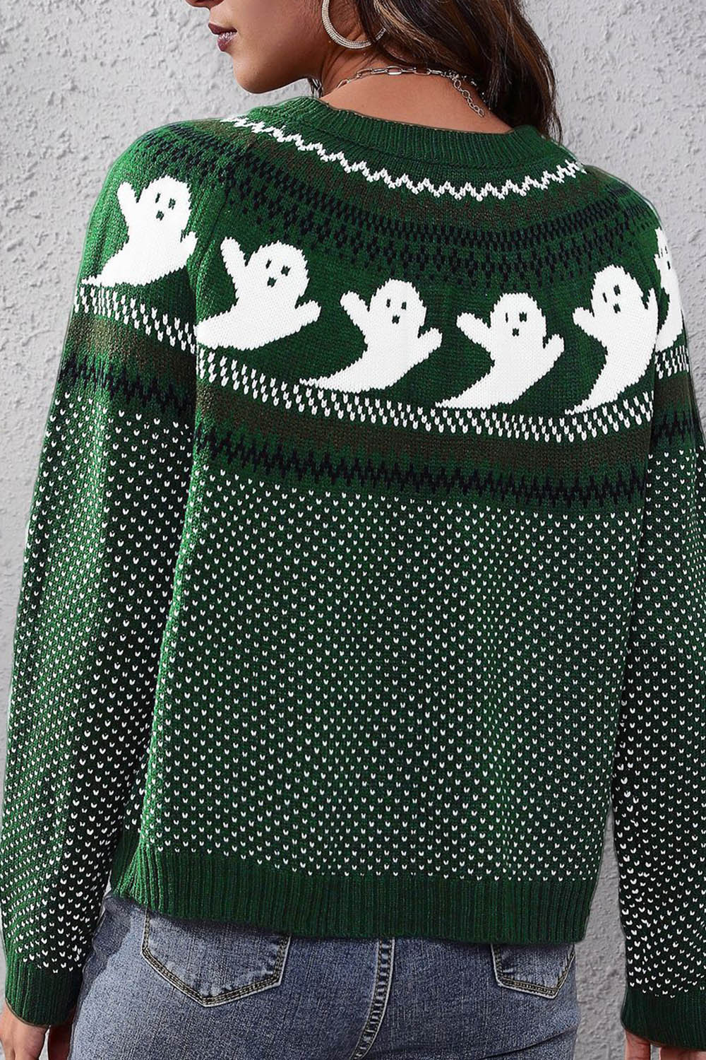 Halloween Ghost Retro Polka Dot Long Sleeve Knitted Sweater - Fashionpara