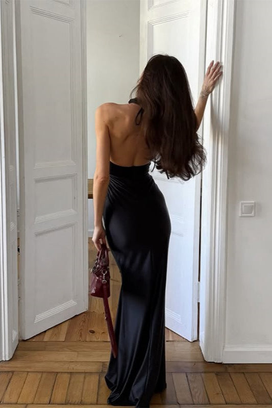 Satin High Neck Halter Backless Mermaid Gown 4