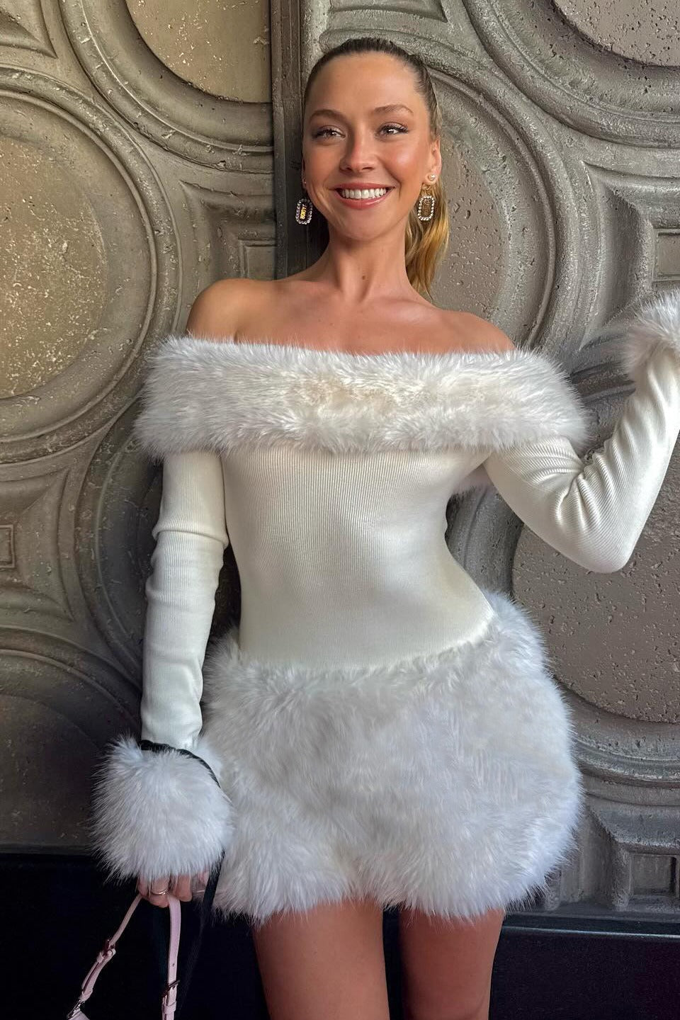 Plush Trimmed Off Shoulder Slim Knit Formal Sweater Dress - Fashionpara