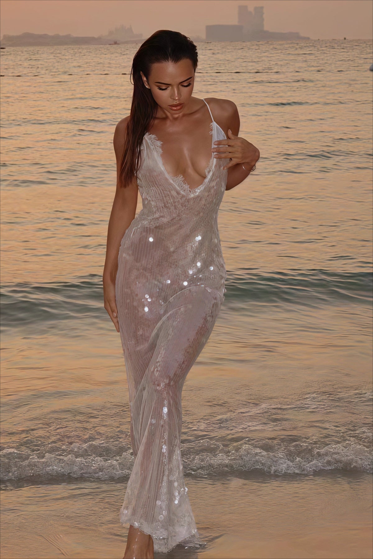 Sequin Deep V-Neck Lace Trim Slip Maxi Gown