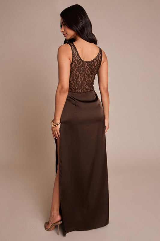 Lace Scoop Neck Sleeveless Satin Cowl Maxi Dress