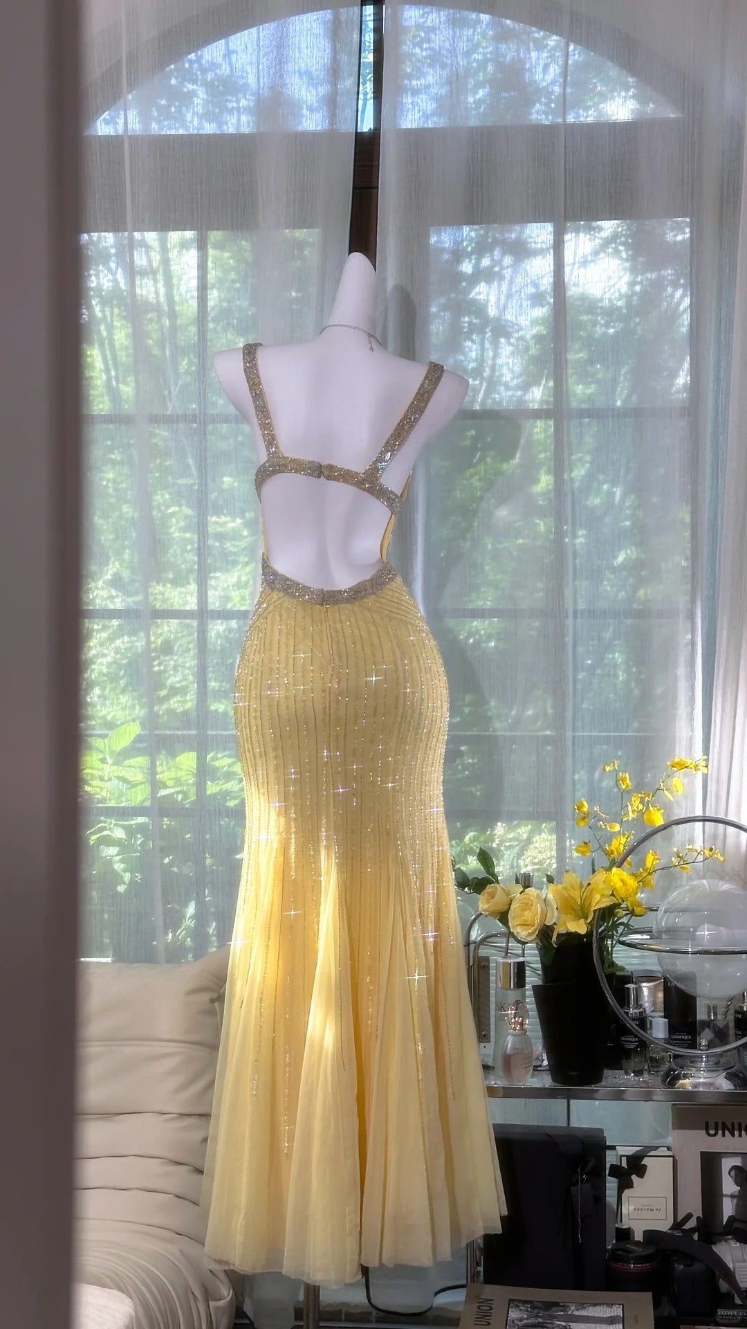 Elegant Pale Yellow Mermaid Strapless Backless Beaded Chiffon Long Prom Dress Evening Dress P4038