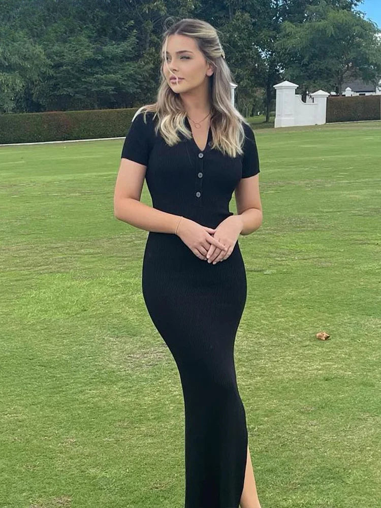 Ribbed Knit Collared Short Sleeve Bodycon Maxi Dress
