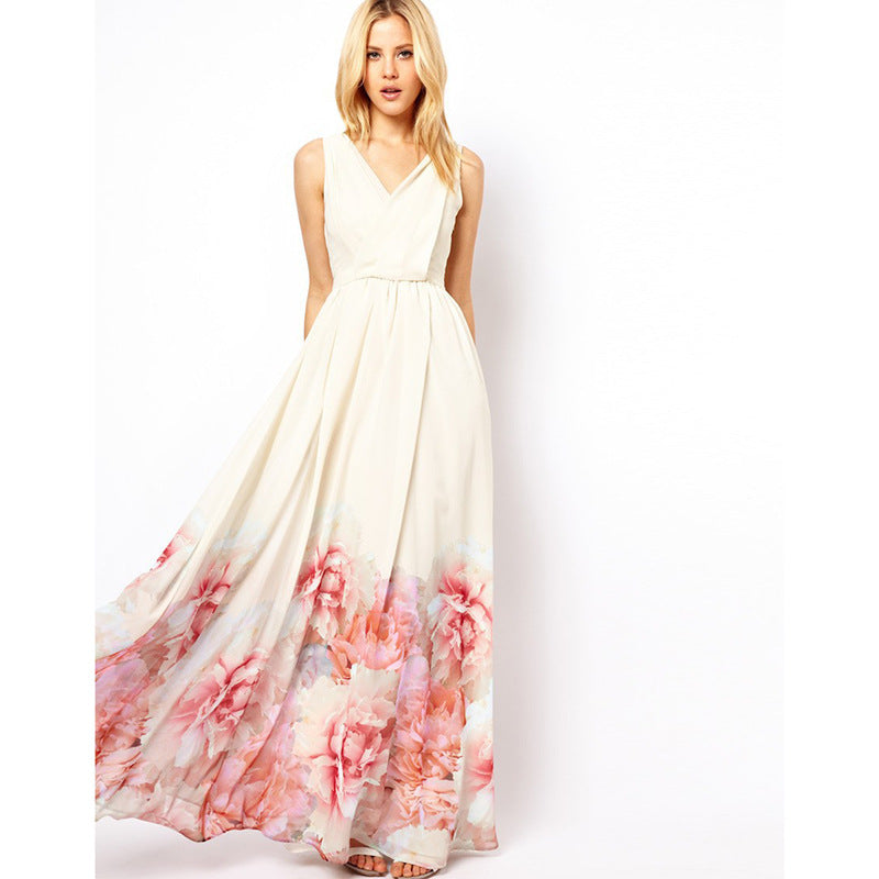 Floral Print V-Neck Sleeveless Pleated Maxi Dress