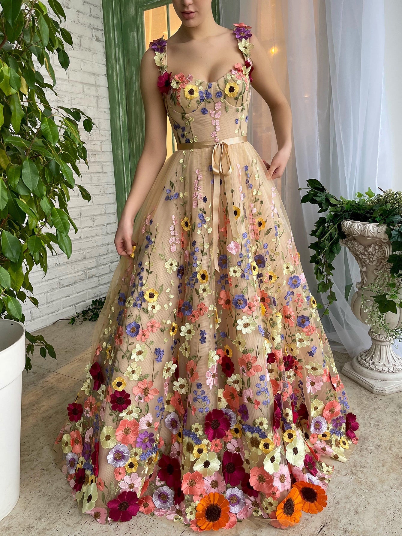 Beige Sweetheart A Line Embroidery Long Prom Dress With 3D Flowers - Fashionpara