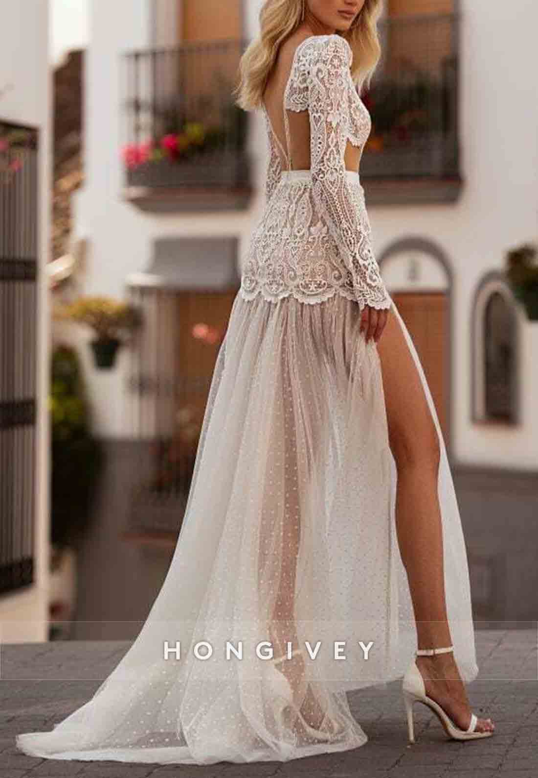 Lace High Slit Long Sleeves Floor-Length V Back Wedding Dress
