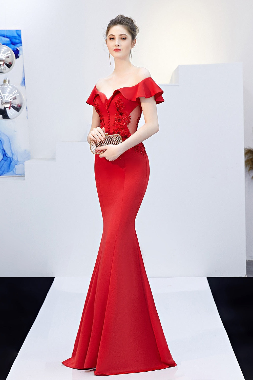 Off Shoulder Ruffle Beaded Mermaid Formal Gown - View 21