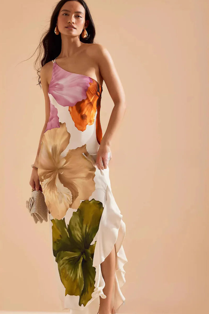 Satin Floral Print One Shoulder Maxi Dress 4