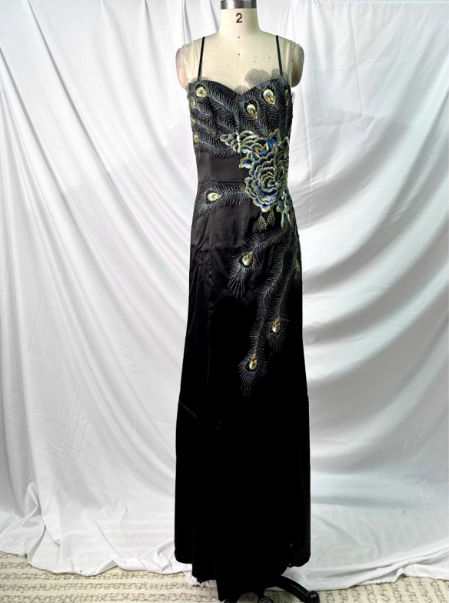 Vintage Black Peacock Feather Embroidered Slim-Fit Satin Long Prom Dress Evening Dress P4384