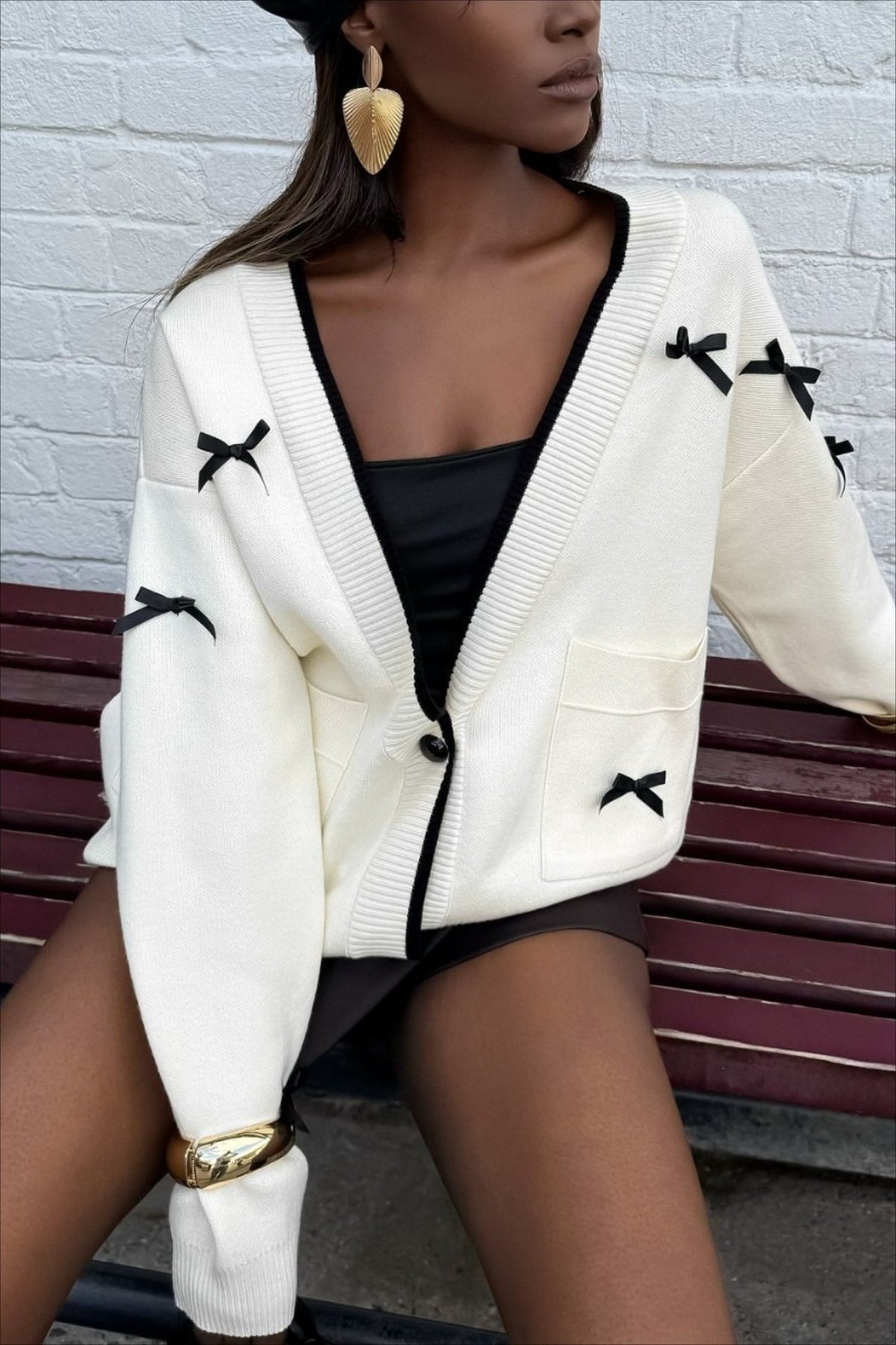 V Neck Bow Color Block Long Sleeve Knit Cardigan 2