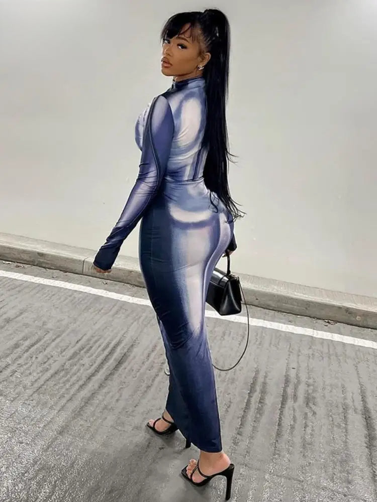 Body Print Mock Neck Long Sleeve Bodycon Maxi Dress - View 3