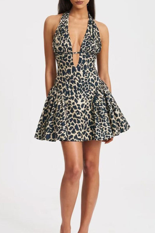 Leopard Print Halter Neck Fit & Flare Mini Dress