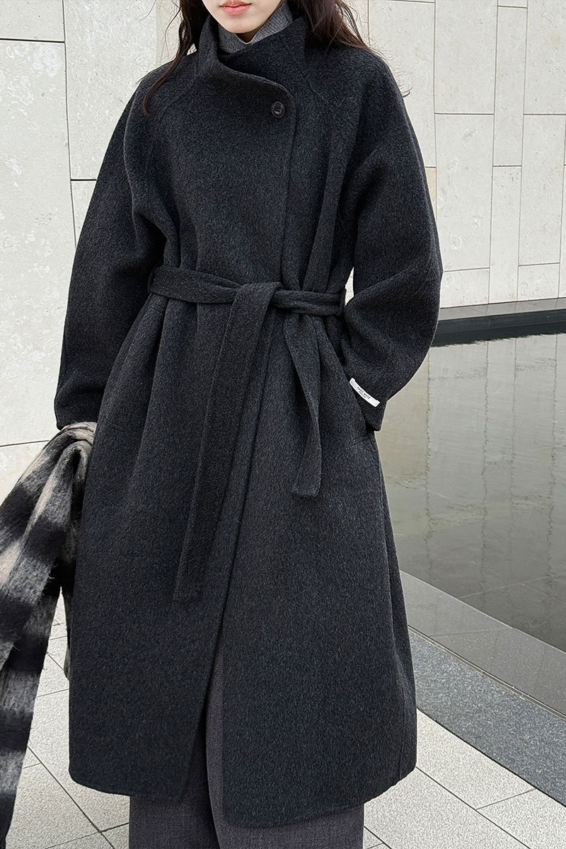 Wool Double Faced Diagonal Button Collar Long Overcoat - Fashionpara