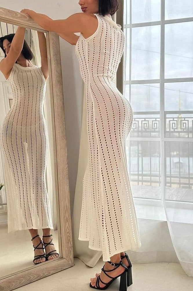 Pointelle Knit High Neck Sleeveless Midi Dress 3