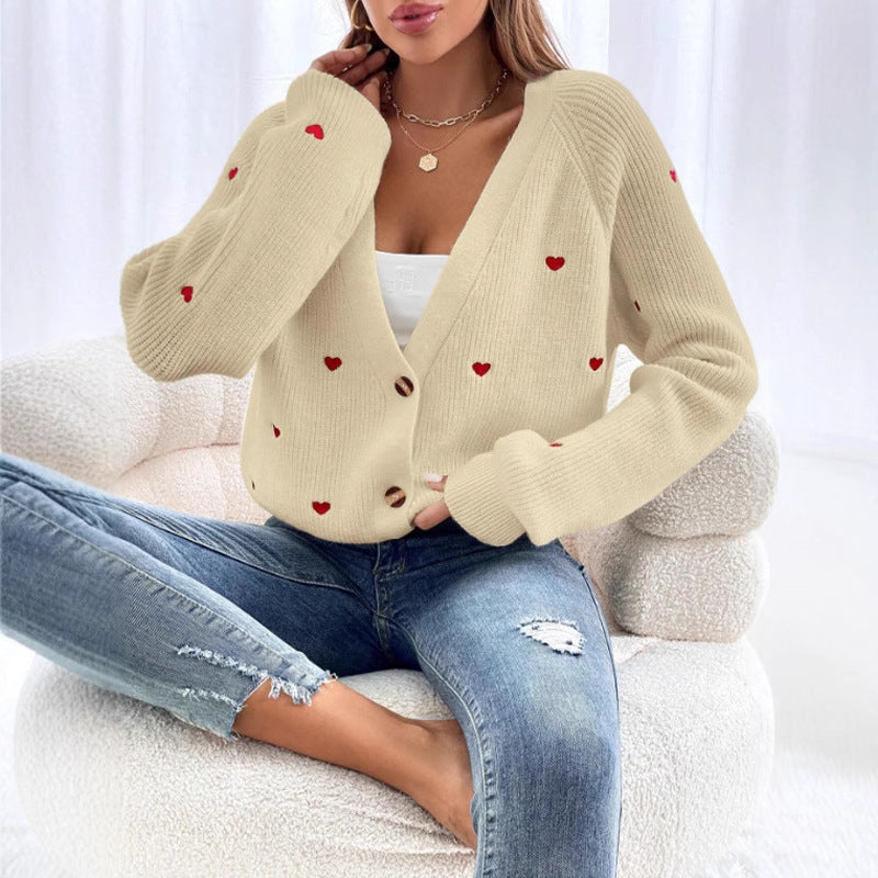 Heart Embroidery V-Neck Cardigan for Cozy Elegance