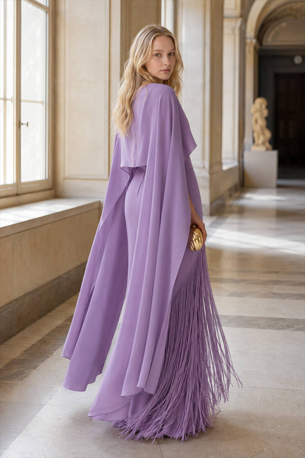 High Neck Long Sleeve Caped Fringe Maxi Gown