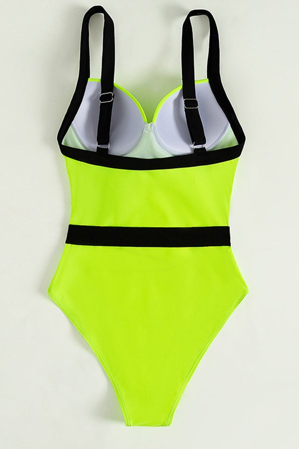 Solid Color Belt Detachable One-piece Swimsuit - Fashionpara