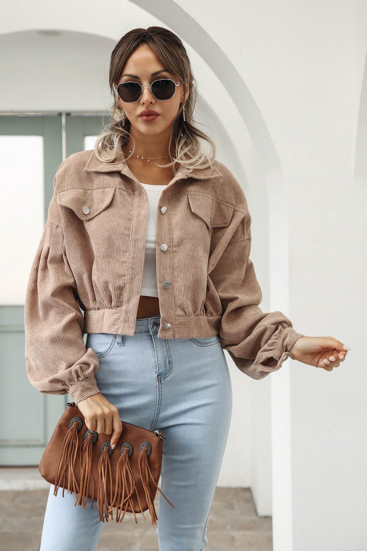 Button Up Corduroy Short Jacket Khaki / S