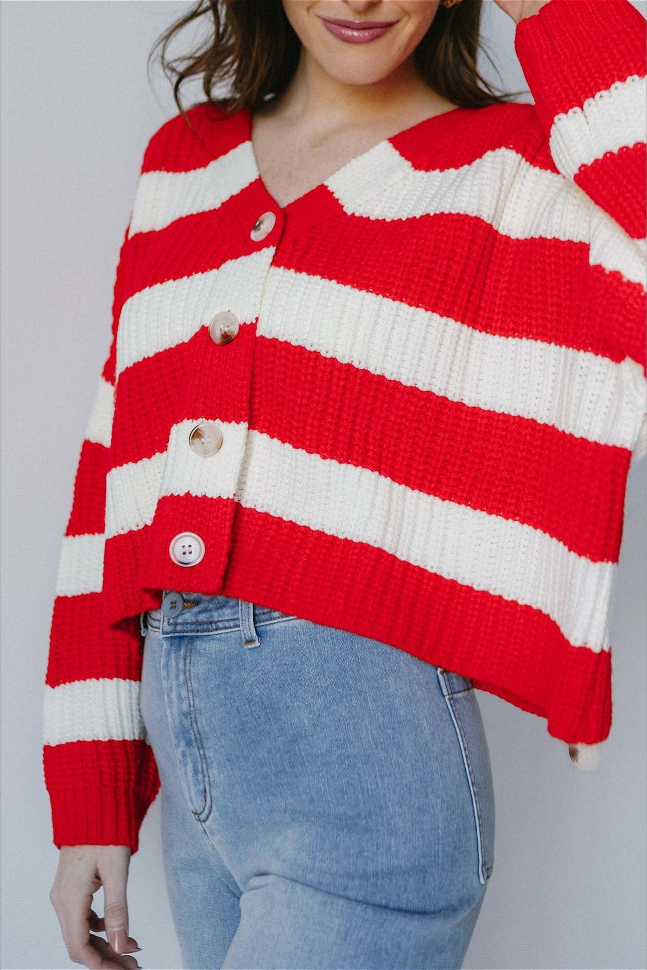 Elegant Long Sleeve V Neck Knit Cardigan with Stripes